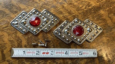 2 Vintage Red Jewel Concho Western Southwest 50s 60s w Rivets Holster Rodeo - Image 1 of 4