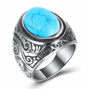 Vintage Native Indian Mens Oval Turquoise Ring Stainless Steel Size 7-15