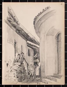 Martin Wilberg patio trasero retrato Schenna Selzen Tirol del Sur lápiz firmado 1894 - Imagen 1 de 2