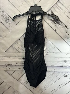 Costume da bagno Robin Piccone nero uncinetto pizzo reggicalze taglia 10 $154 nuovo con etichette - Foto 1 di 9