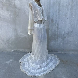 Antique Teens Edwardian White Net Dress Ruffles Embroidery Lace Bridal Vintage - Picture 1 of 24