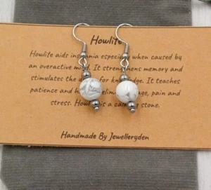 Handmade Howlite Crystal Healing Gemstone Chakra 8mm Bead Hook Earrings - Picture 1 of 4