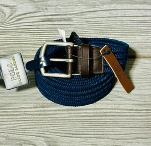 Polo Ralph Lauren Cintura Elasticizzata Tessuto Uomo 3X Blu Navy Fibbia Argento Pelle - Foto 1 di 5