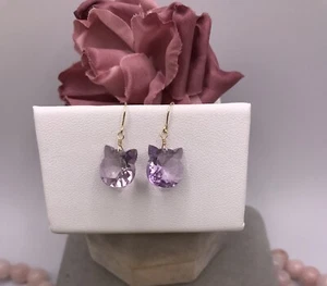 14K Solid Gold Cat Dangle Earrings – Natural Pink Amethyst Briolette Gemstones - Picture 1 of 12