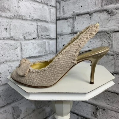 Dolce & Gabbana Tacones Cordones Punta abierta Beige Tejido Lazo Dorado Talla 36.5 EE. UU. 6 Foto 1 de 4