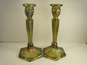 Pair OLD Northwood Russet Green Florentine Carnival Glass Candle Stick Holders - Picture 1 of 9