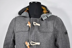 Superdry Duffle Wool Blend Coat Grey Hooded Pocket Women's size L - Picture 1 of 14