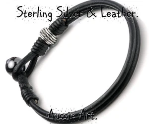 Surfers Anklet Sterling Silver,Leather Hematite Men Anklet Bracelet 3AB-340 - Bild 1 von 3