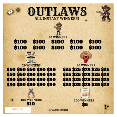 OUTLAWS 2 PUNKT/1500P 3000 PULL TAB HARD CARD TICKETS ALLE SOFORTSPIEL KOSTENLOSER VERSAND - Bild 1 von 2