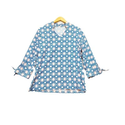 Camisa Top Tail Activewear Azul Rosa Estampado Geométrico Manga 3/4 Cuello Golf Talla XL Foto 1 de 4