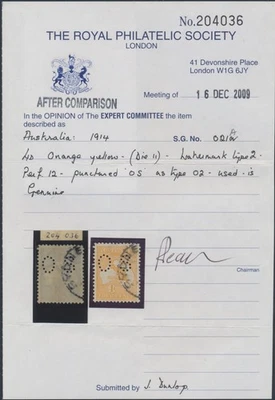 Sellos de Australia 1914; 4d amarillo naranja; perforado [OS] SGO21a RPS CERTIFICADO. CV £325 Foto 1 de 4