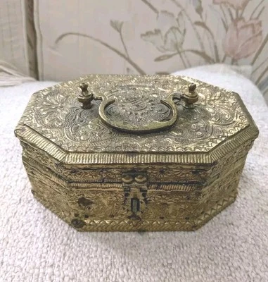 Vintage Brass Cricket Box Floral Cutout Ornate Mughal Jali Box Blue Velvet Lined - Image 1 of 4