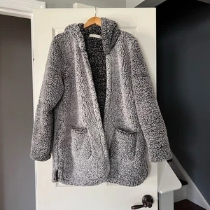 Fair Haven Womens Sherpa Fleece Jacket XL Gray Hooded Open Front Teddy Coat - Picture 1 of 3