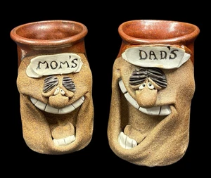 RARE Vintage 3D Funny Face Stoneware Coffee Mugs Mom & Dad Signed Mark Hines - Picture 1 of 8