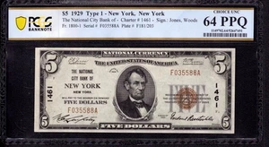 1929 $5 NATIONAL CITY BANK NOTE CURRENCY NEW YORK NY PCGS B CHOICE UNC CU 64 PPQ - Picture 1 of 4