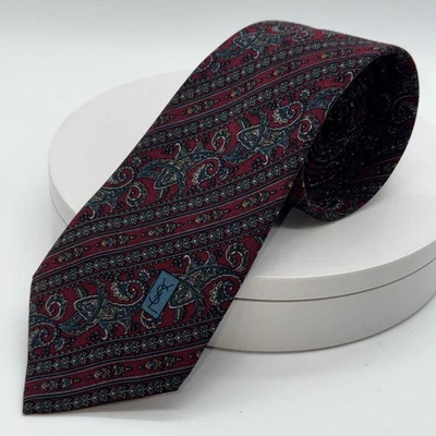 NUEVO SIN ETIQUETAS YSL Corbata Yves Saint Laurent Corbata de Seda Azul Borgoña Paisley Prendas para el Cuello Foto 1 de 4