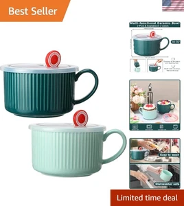 Soup Bowls with Lids Handles 30oz Ceramic Microwave Safe Large Colorful Cups - Picture 1 of 8