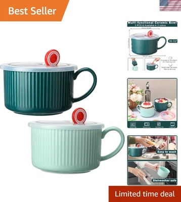 Soup Bowls with Lids Handles 30oz Ceramic Microwave Safe Large Colorful Cups - Image 1 of 4