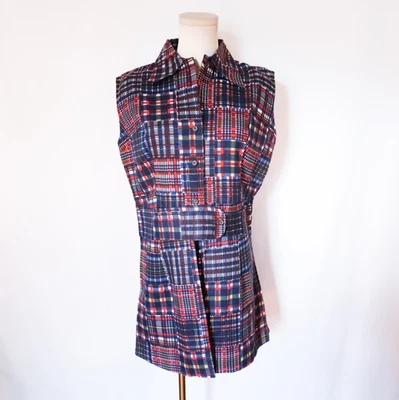 NOS 70s 1970s Blue Red Plaid Madras Print Playsuit Tunic & Shorts Set Pin Up M - Image 1 of 4
