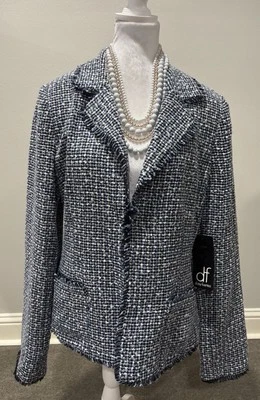 Daisy Fuentes Tweed Boucle Blazer Navy Check Frayed Detailing Sz 12 New nWT - Image 1 of 4