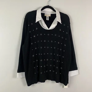 Alfred Dunner Pullover Sweater Size 2X Embellished Twofer Collared Black White - Picture 1 of 10