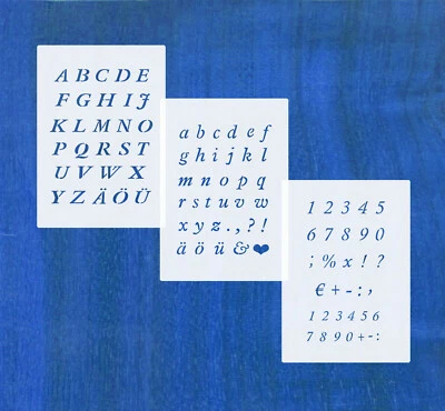 3er Schablonen Set Nr.23 Kursive Buchstaben groß 2cm hoch ● kleine und Zahlen   - Bild 1 von 2