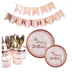 Happy Birthday Disposable Tableware Set for 20 Guests,Pink and Rose Gold Party - Picture 1 of 2