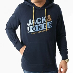 Jack & Jones Hoodie Navy Blue Orange Accents Long Sleeve Pullover Sweatshirt - Picture 1 of 3