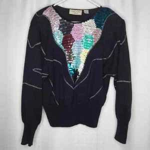 Bonnie Boerer Vtg 80s Glam Sequin Sweater Ramie Multicolor Embroidered Medium - Picture 1 of 6