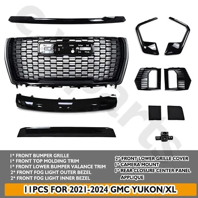 For 2021-2024 GMC Yukon/XL Denali Front Grille Hood Trim Molding Gloss Black Set - Изображение 1 из 4