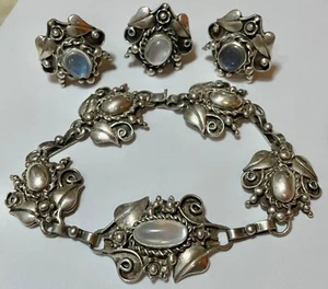VINTAGE APPLIED LEAF STERLING SILVER MOONSTONE sz 4.5 RING EARRINGS BRACELET SET - Picture 1 of 16