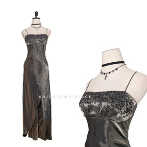 Vintage Prom Dress Maxi Gown Green Gold 6 Fairy Goth 90s Y2K Bead Empire - Picture 1 of 10