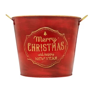 Festive Red Gold Holiday Gift Bucket Tin Container - Picture 1 of 11