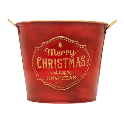 Festive Red Gold Holiday Gift Bucket Tin Container - Image 1 of 4