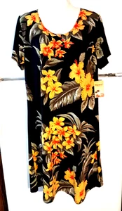 NEW WOMEN'S FAVANT BLACK YELLOW FLORAL SHORT SLEEVE SCOOP NECK HAWAIIAN DRESS L - Picture 1 of 6
