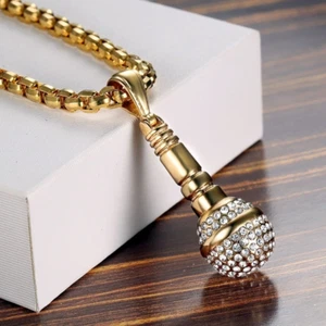 DJ Hip Hop Singer Microphone Pendant Fashion Jewelry Gold Necklace Chain - Picture 1 of 3