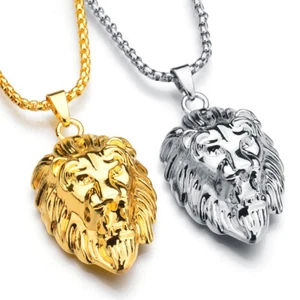 COLLANA TESTA LEONE ACCIAIO INOX ARGENTO ORO REGALO UOMO DONNA CIONDOLO GIOIELLI - Foto 1 di 7