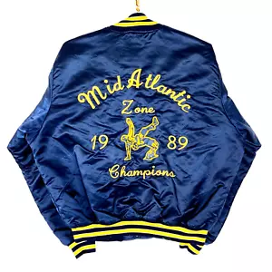 Vintage 1980s Satin Jacket Large Blue Snap Button Wrestling Made Usa - Picture 1 of 6