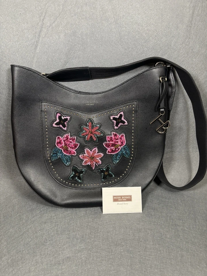 Bolso de Hombro Hobo Floral Henri Bendel Cuero Negro Bordado Cartera Foto 1 de 4
