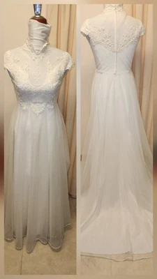 Vtg Wedding Gown*High Neck*Satin w/Chiffon Overlay *Cap Sleeve*Very Gd Condition - Image 1 of 4
