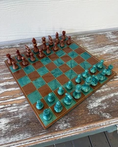 Brown & Peacock Green-Blue Resin Chess Board Game Velvet Bag 32 pieces - Picture 1 of 9