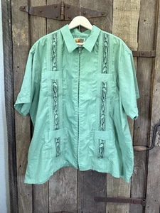 Haband Hemd Herren XXXL 3XL grün Guayabera Blumen Reißverschluss 4 Taschen mexikanisch kubanisch - Bild 1 von 11