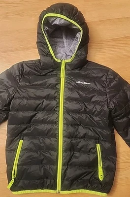 Eddie Bauer Reversible Down Jacket Boys Black Gray Zip Puffer Hooded, Size S 7/8 - Image 1 of 4