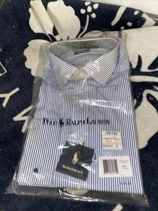 Polo Ralph Lauren Azul Rayas Mangas Largas Regent Calce Clásico 17 1/2-35 Nuevo con Etiquetas Y2K - Imagen 1 de 5