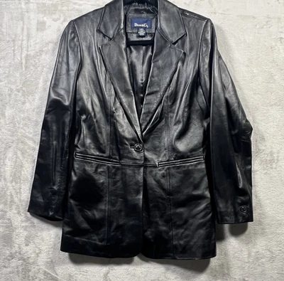 Denim & Co Mujer XS Suave Negro Cuero Genuino Chaqueta Abrigo Blazer 1 Botón Usado en Excelente Condición Foto 1 de 4