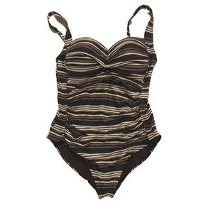 Bond-Eye Womens One Piece Swimsuit Size 10 Black White Brown Gold Stripes Ruched - Picture 1 of 6