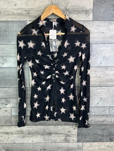 Free People Lucky Shirtee Blouse Top Shirt Size XS Black Star Mesh Semi Sheer - Picture 1 of 14