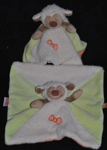 🍀Lot 2 Doudou Plat Mouton INFLUX CORA Beige Ecru Vert Carré Agneau TTBE - Picture 1 of 2