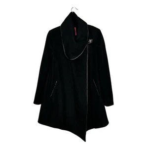 Betsey Johnson Black Brushed Wool Fold-Over Neck Drape Coat Asymmetric Hem Sz 4 - Picture 1 of 16