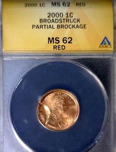 2000 ERROR ANACS MS62 RED BROCKAGE + Broad Struck Lincoln Cent BU ++ Coin NR - Picture 1 of 7
